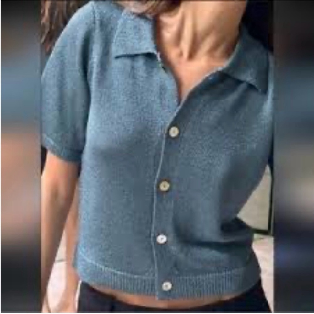 Zara Blue Gray Knit Button-Up Shirt